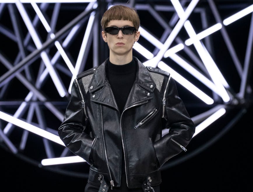 clothing apparel coat jacket human person accessory accessories sunglasses