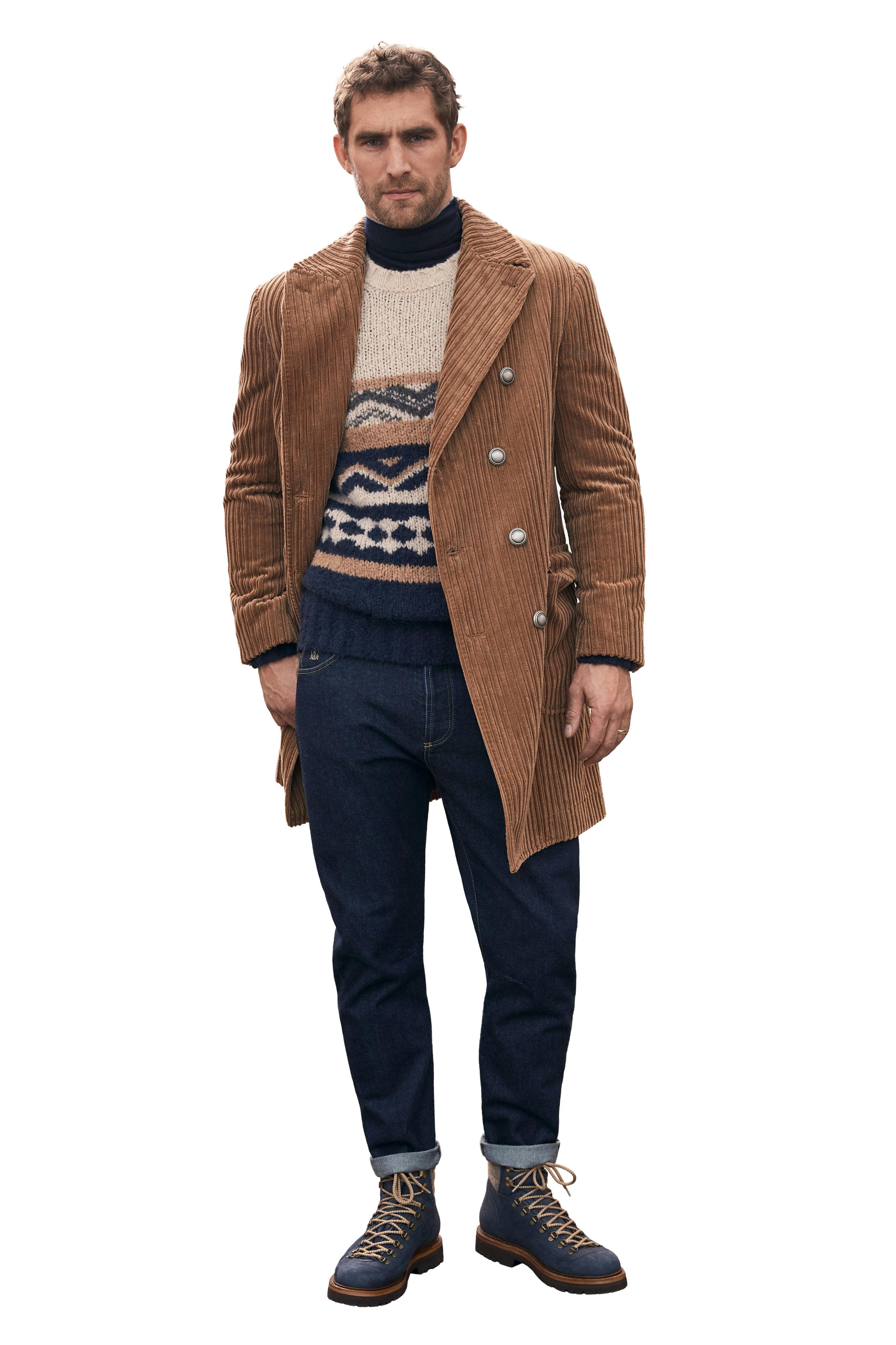 apparel clothing overcoat coat pants person human