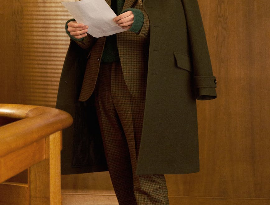 clothing apparel suit overcoat coat wood tuxedo