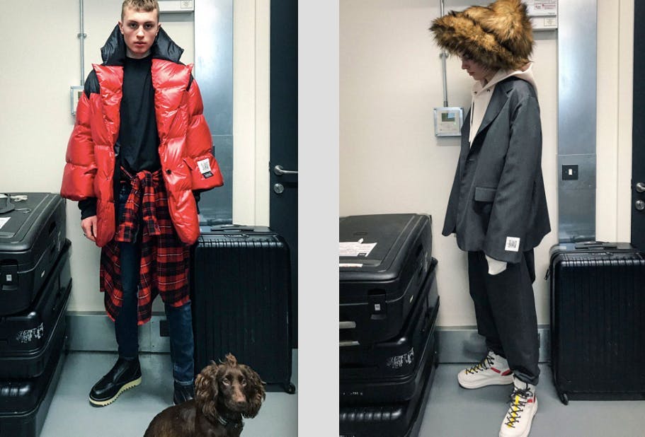 clothing shoe footwear person dog mammal animal coat suit overcoat