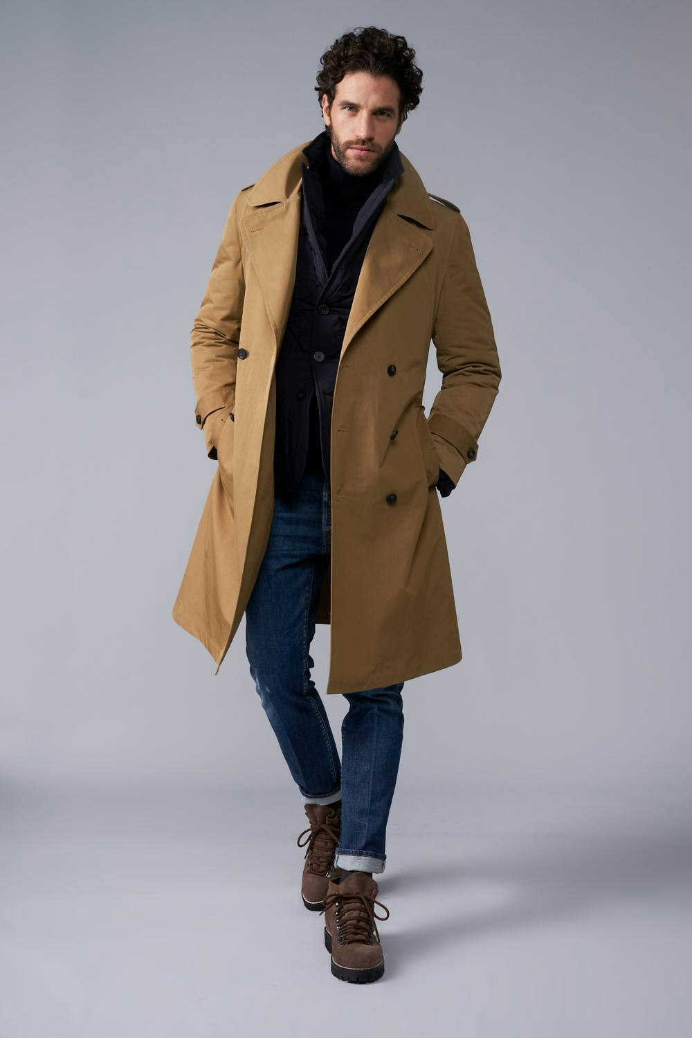 clothing apparel coat overcoat trench coat person human