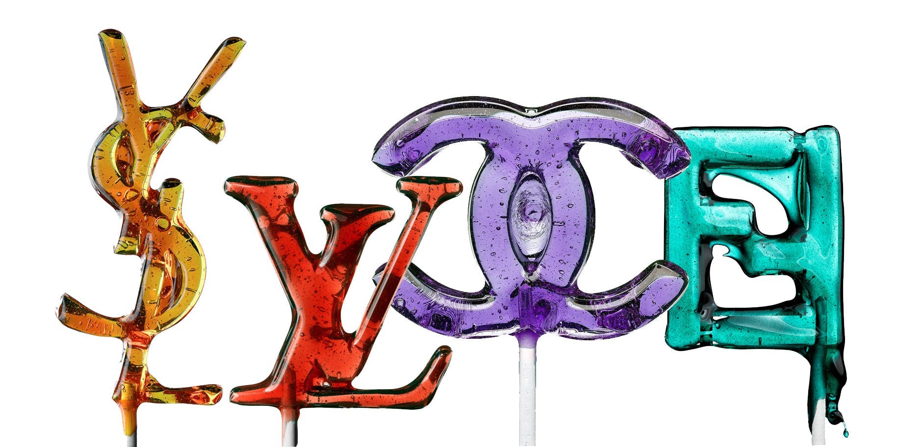 lollipop di zucchero YSL, Chanel, LV e Fendi by Massimo Gammacurta