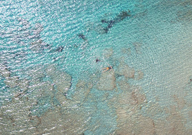 Modello nuota in mare in uno scatto dall'alto per Prada collezione uomo moda primavera estate 2022