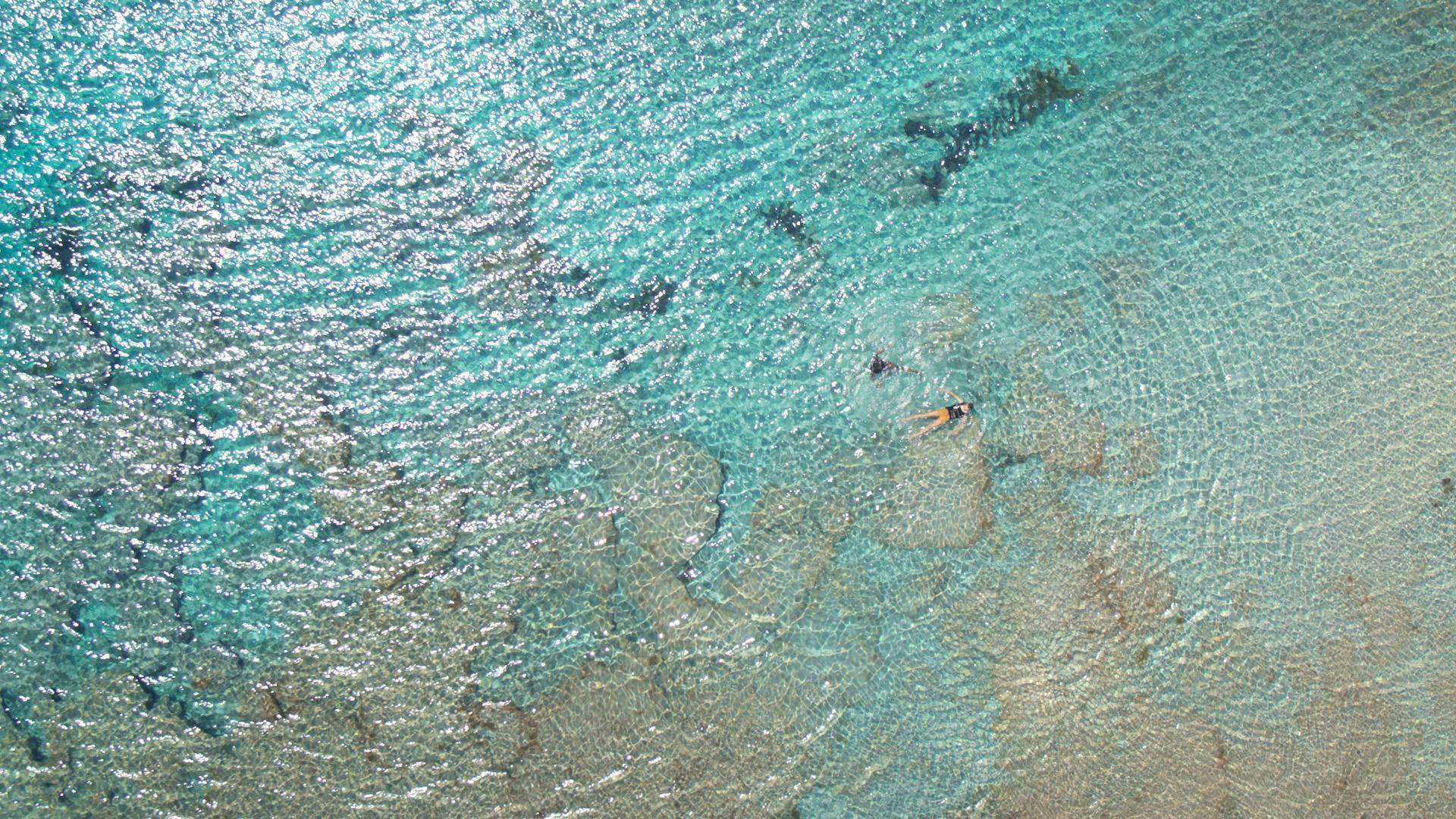 Modello nuota in mare in uno scatto dall'alto per Prada collezione uomo moda primavera estate 2022
