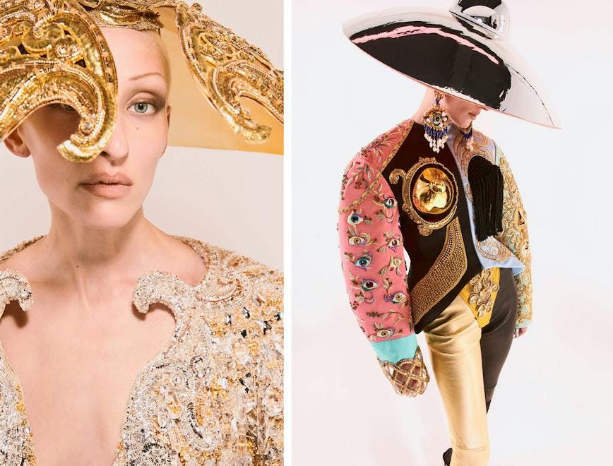Nella foto due look della collezione haute couture di Schiaparelli Autunno Inverno 2022 di Daniel Roseberry 