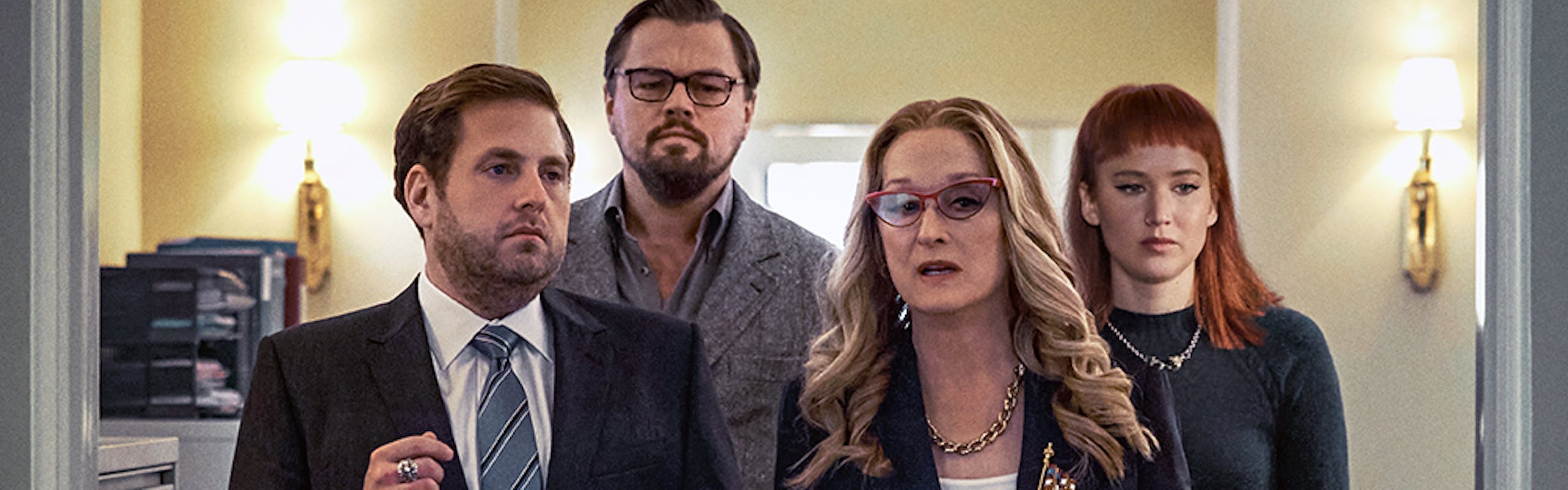 Jonah Hill, Leonardo Di Caprio, Jennifer Lawrence e Meryl Streep nel film di Netflix 'Don't Look Up'