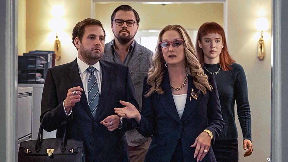 Jonah Hill, Leonardo Di Caprio, Jennifer Lawrence e Meryl Streep nel film di Netflix 'Don't Look Up'