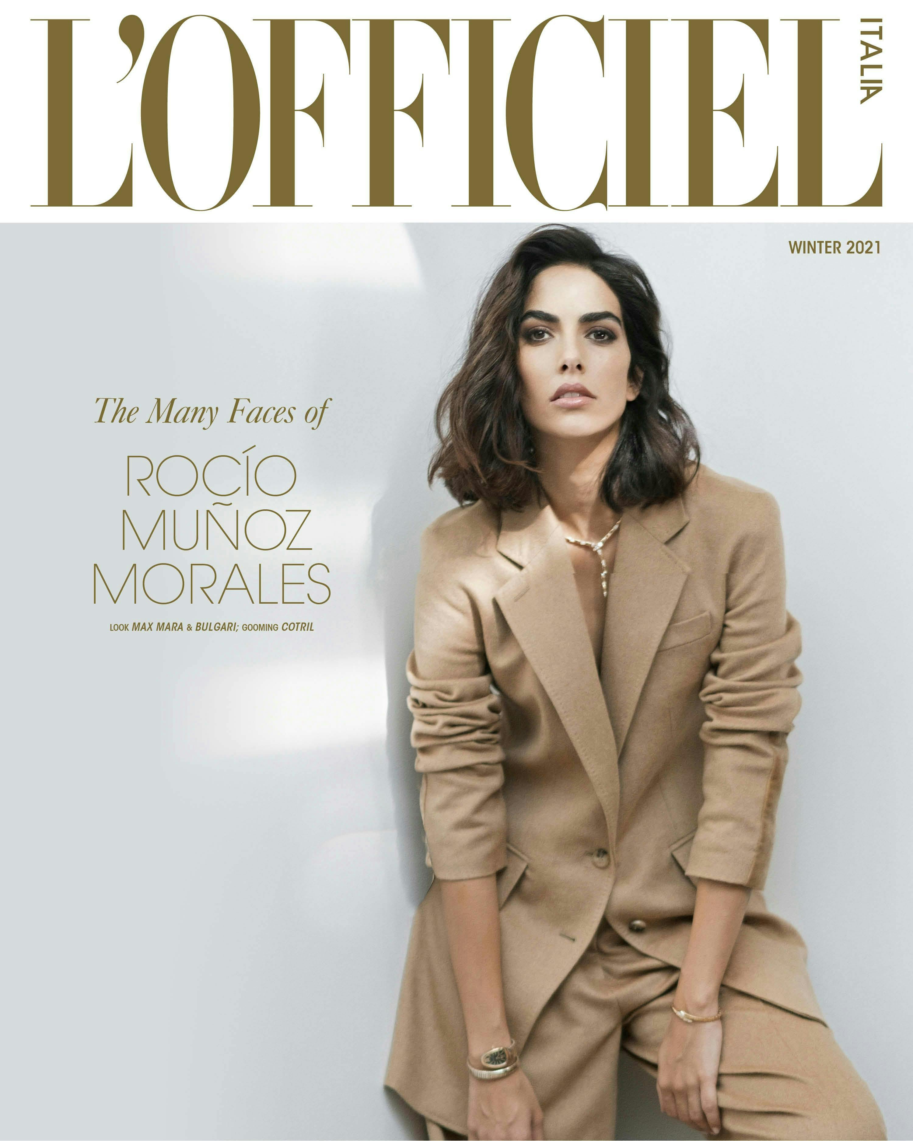 In cover Rocío Muñoz Morales indossa total look MAX MARA con completo in lana pettinata. Gioielli collezione "Serpenti" BVLGARI