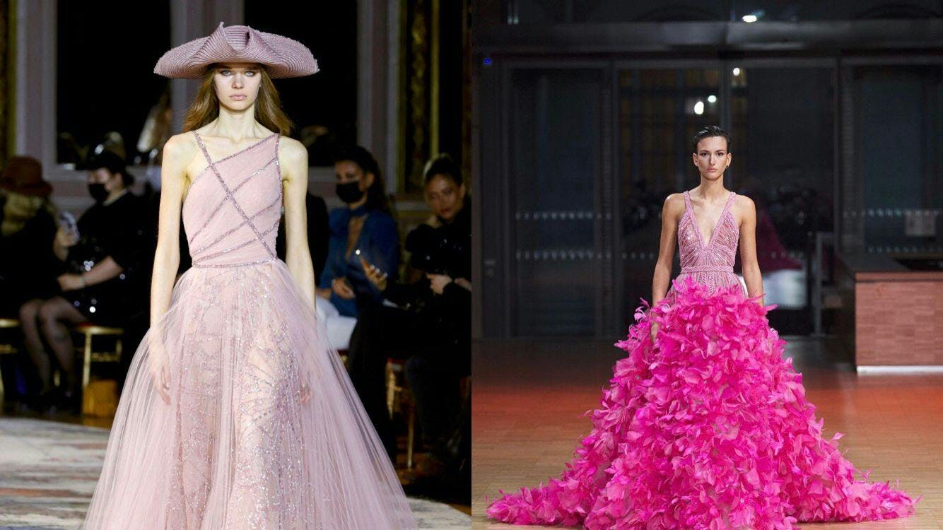In foto due look di Zuhair Murad Spring Haute Couture 2022 e Elie Saab Spring Haute Couture 2022