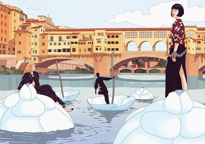 Un'illustrazione di Remembers per annunciare la sfilata Chanel Métiers d'arts a Firenze