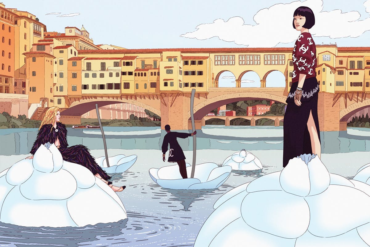 Un'illustrazione di Remember per annunciare la sfilata Chanel a Firenze