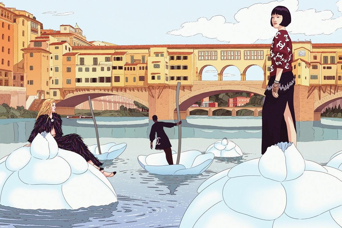 Un'illustrazione di Remember per annunciare la sfilata Chanel a Firenze