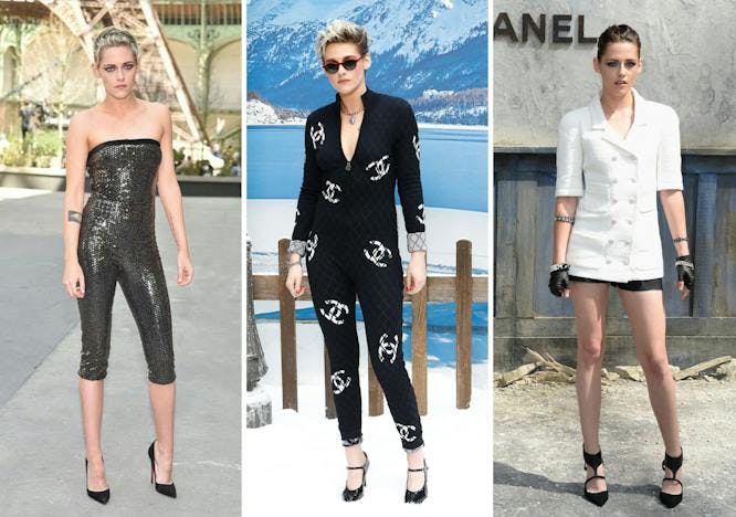 Kristen Stewart in tre total look Chanel. L'attrice è ambasciatrice del brand dal 2013 e volto della fragranza Gabrielle.