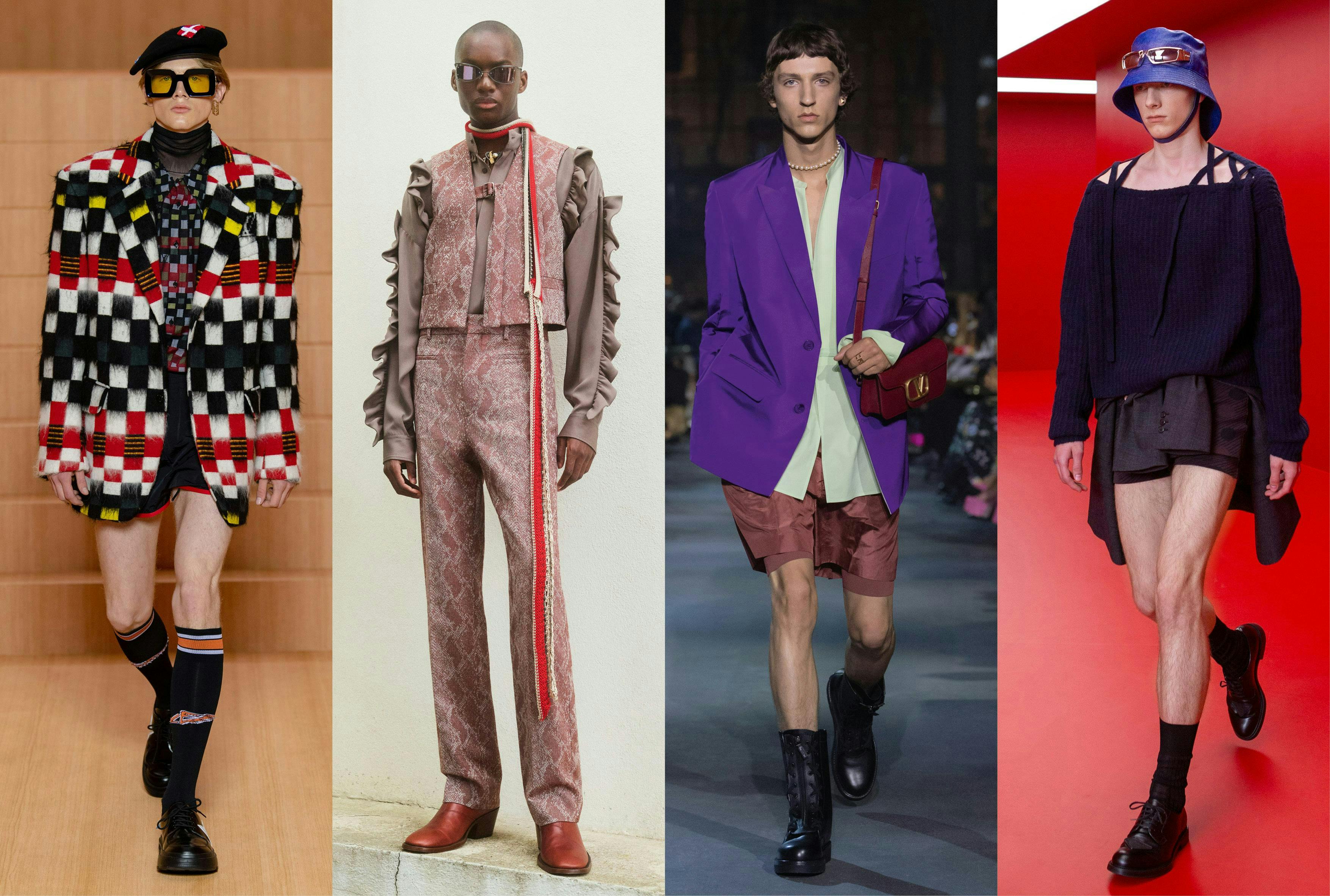 10 accessori di tendenza moda uomo per la Primavera Estate 2022. In ordine da sinistra: LOUIS VUITTON, ACNE STUDIOS, VALENTINO, PRADA