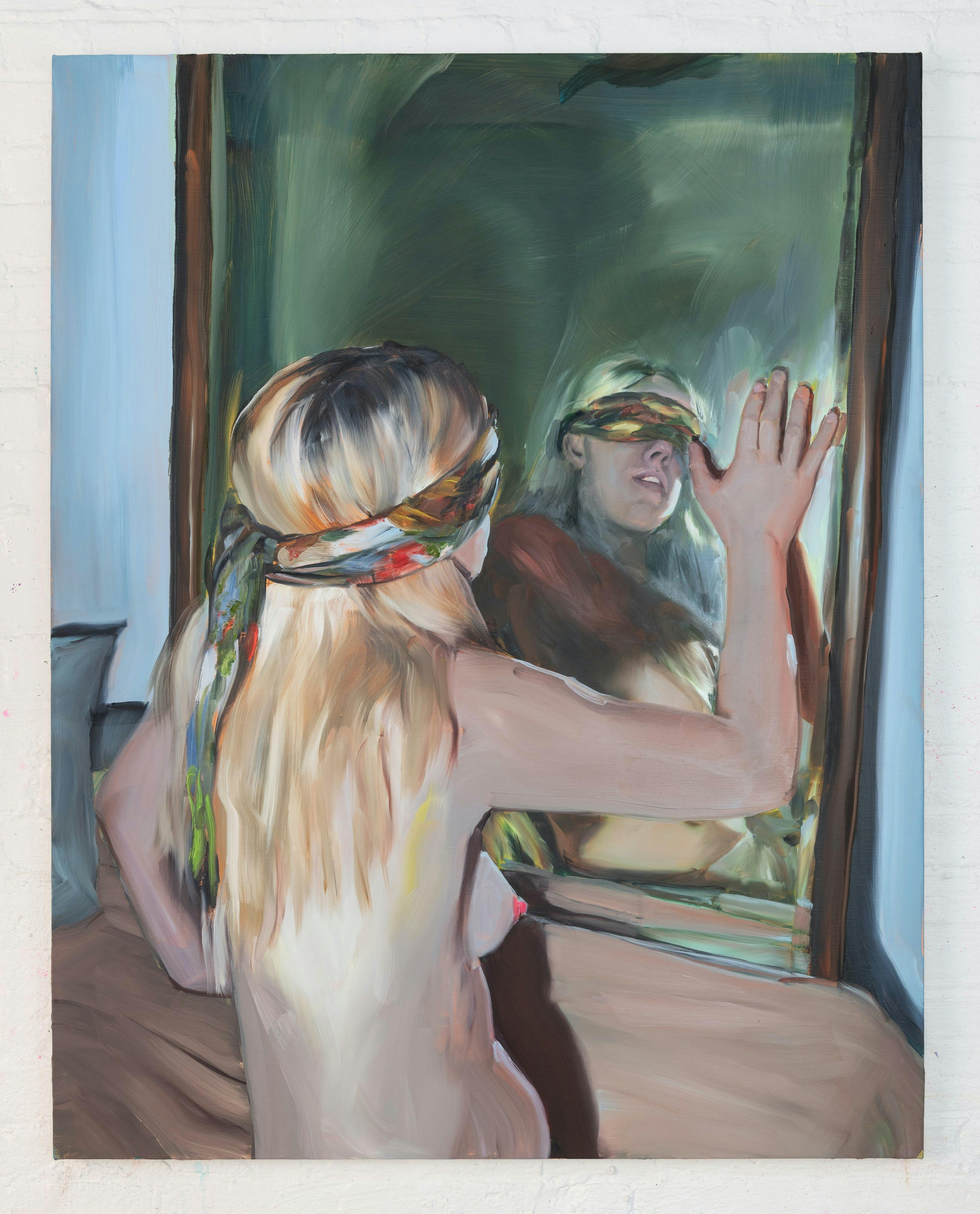 Jenna Gribbon "In Bed with a Mirror", 2022 olio su tela.