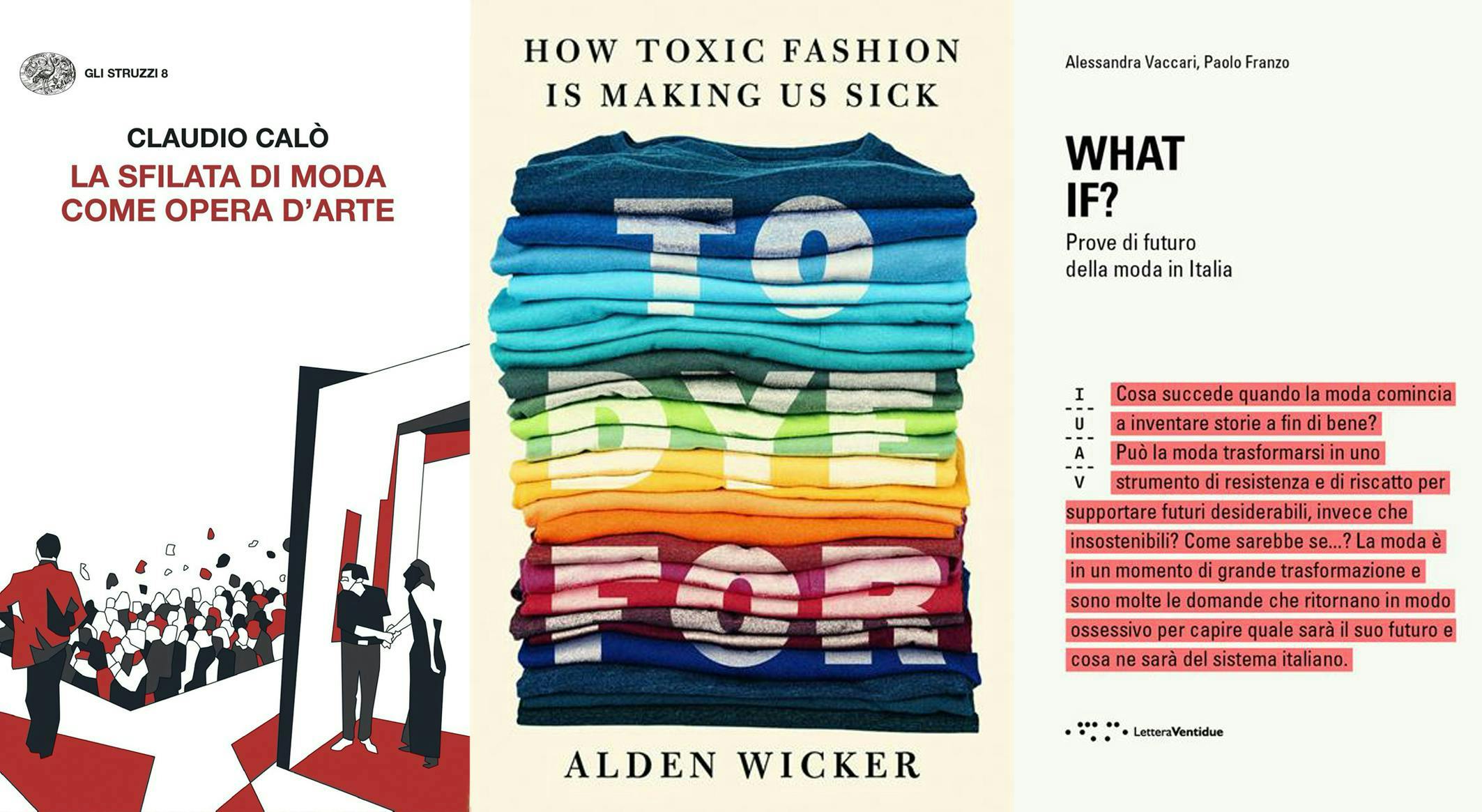 Libri moda 2022 must-read: La Sfilata di Moda come opera d'arte, To Dye For  di Alden Wicker e What IF? Prove di Futuro della moda in Italia