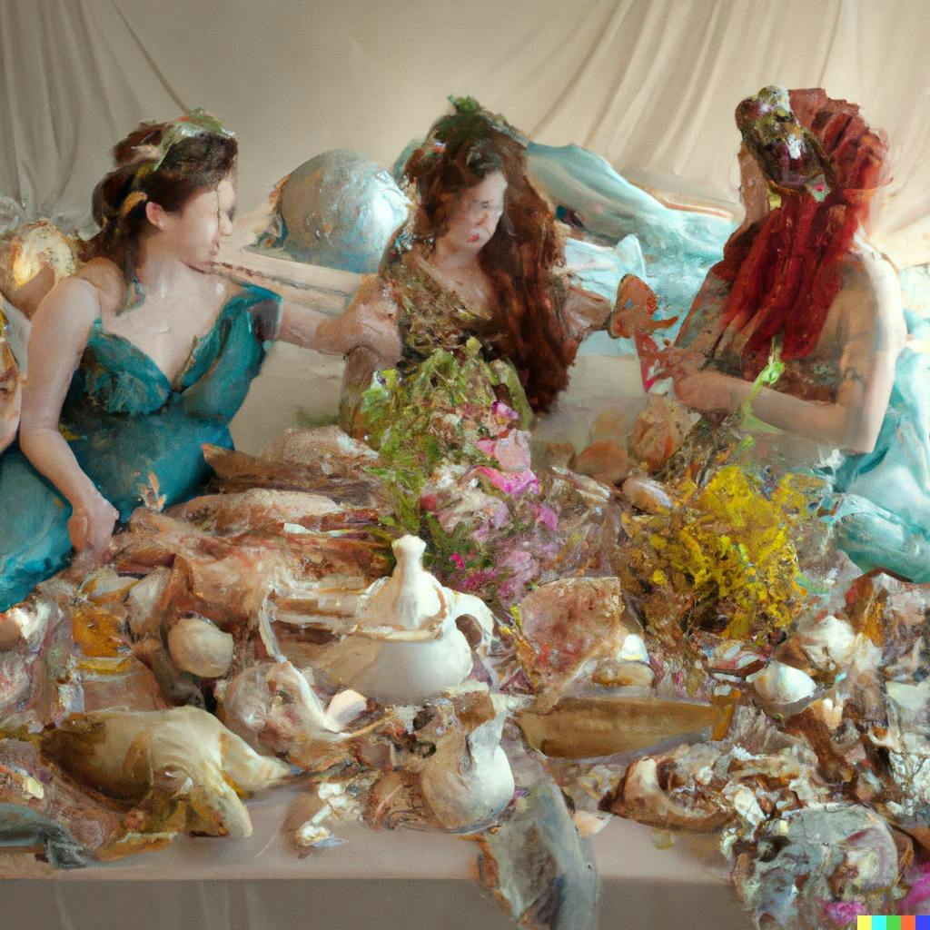 Sara Hoover, "Luscious Mermaid Birth Party During the Flemish Renaissance with Pre-Raphaelite Hair, shot by Tim Walker"