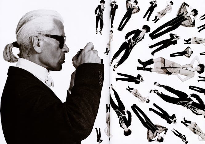 Un'immagine artistica che ritrae Karl Lagerfeld intento a fotografare alcune modelle in posa, L'OFFICIEL n. 861  - 2001 (Archivio L'Officiel)