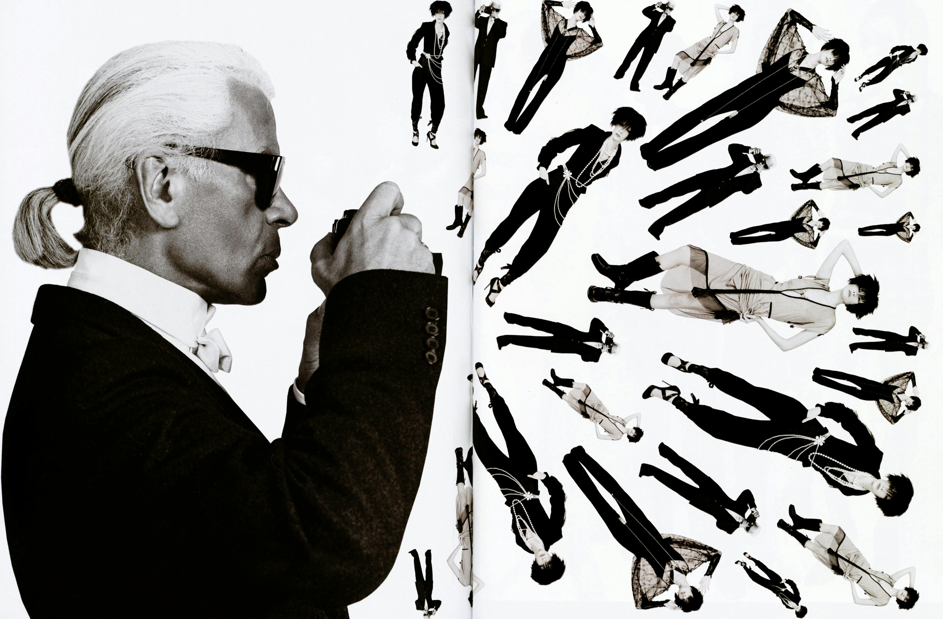 Un'immagine artistica che ritrae Karl Lagerfeld intento a fotografare alcune modelle in posa, L'OFFICIEL n. 861  - 2001 (Archivio L'Officiel)