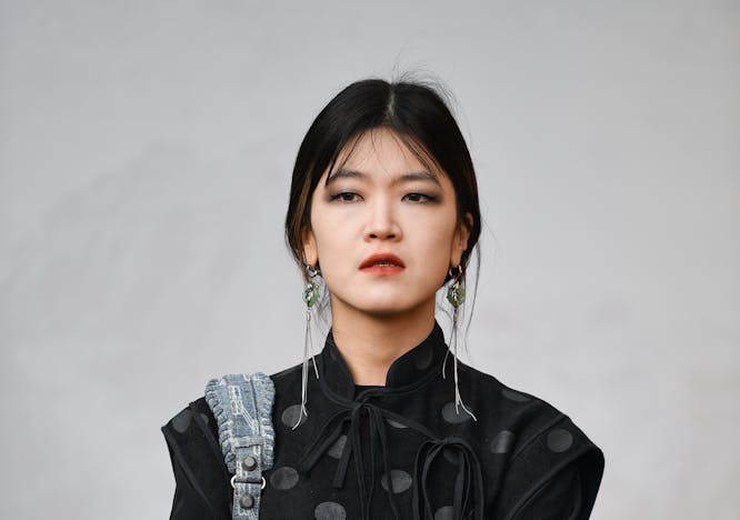 beijing coat long sleeve fashion black hair person adult female woman dress formal wear