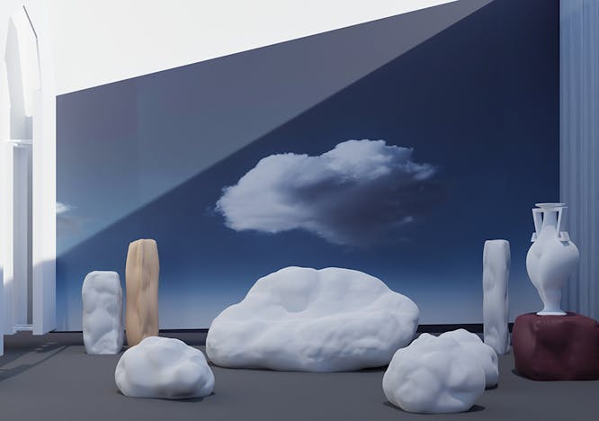 Set-up metafisico di Stephanie Blanchard di IAMMI Studio e Elif Resitoglu da Isola Design Gallery con Cloud sofa effetto nuvola realizzato dagli scarti di materassi in gommapiuma