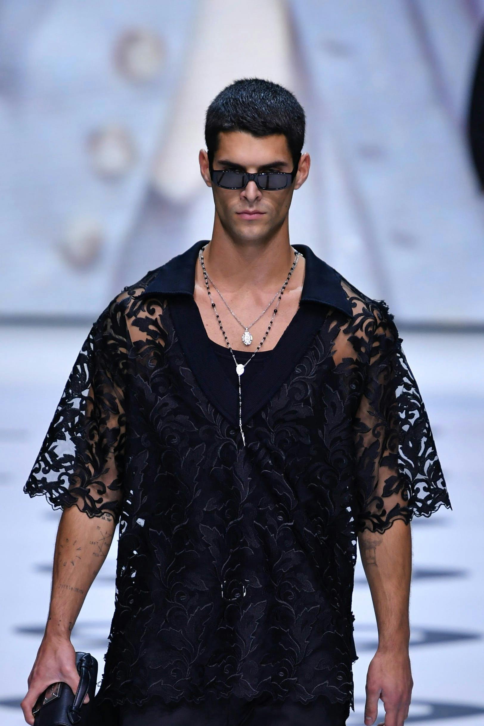 fashion black hair person adult male man sleeve necklace handbag glasses