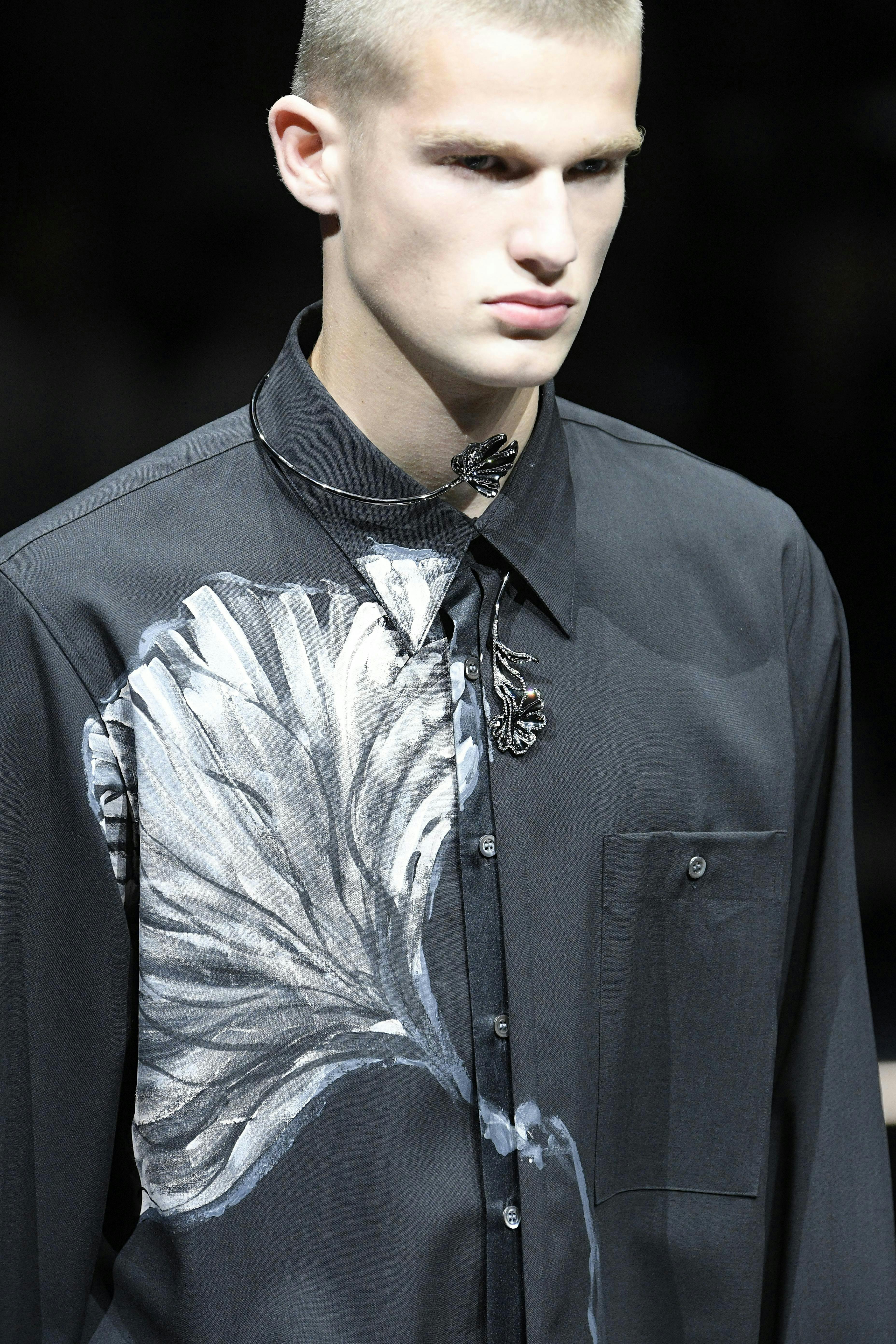 pmcarc mfw rtw spring 2024 milan adult male man person long sleeve shirt coat formal wear accessories face