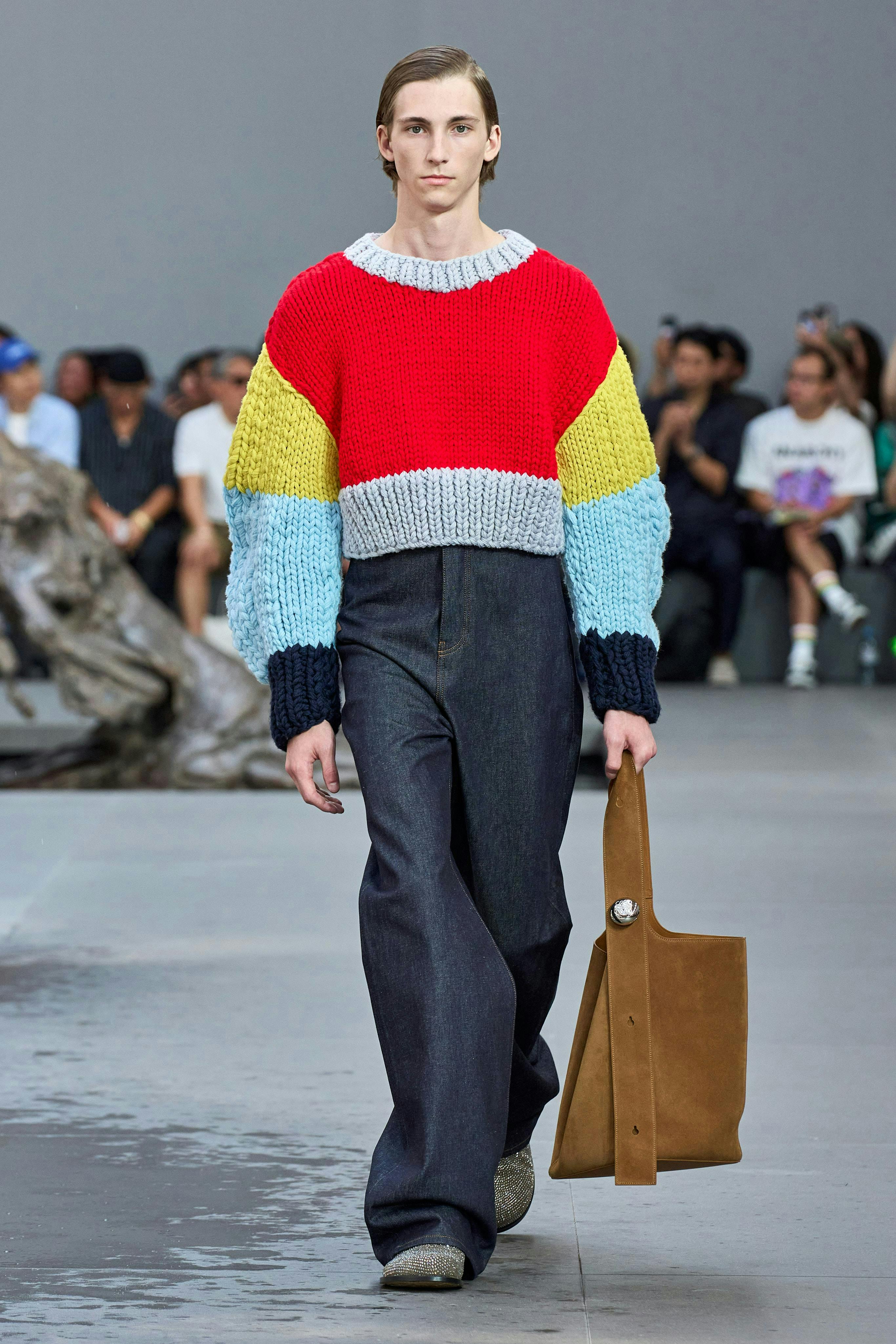 clothing knitwear sweater accessories bag handbag pants person