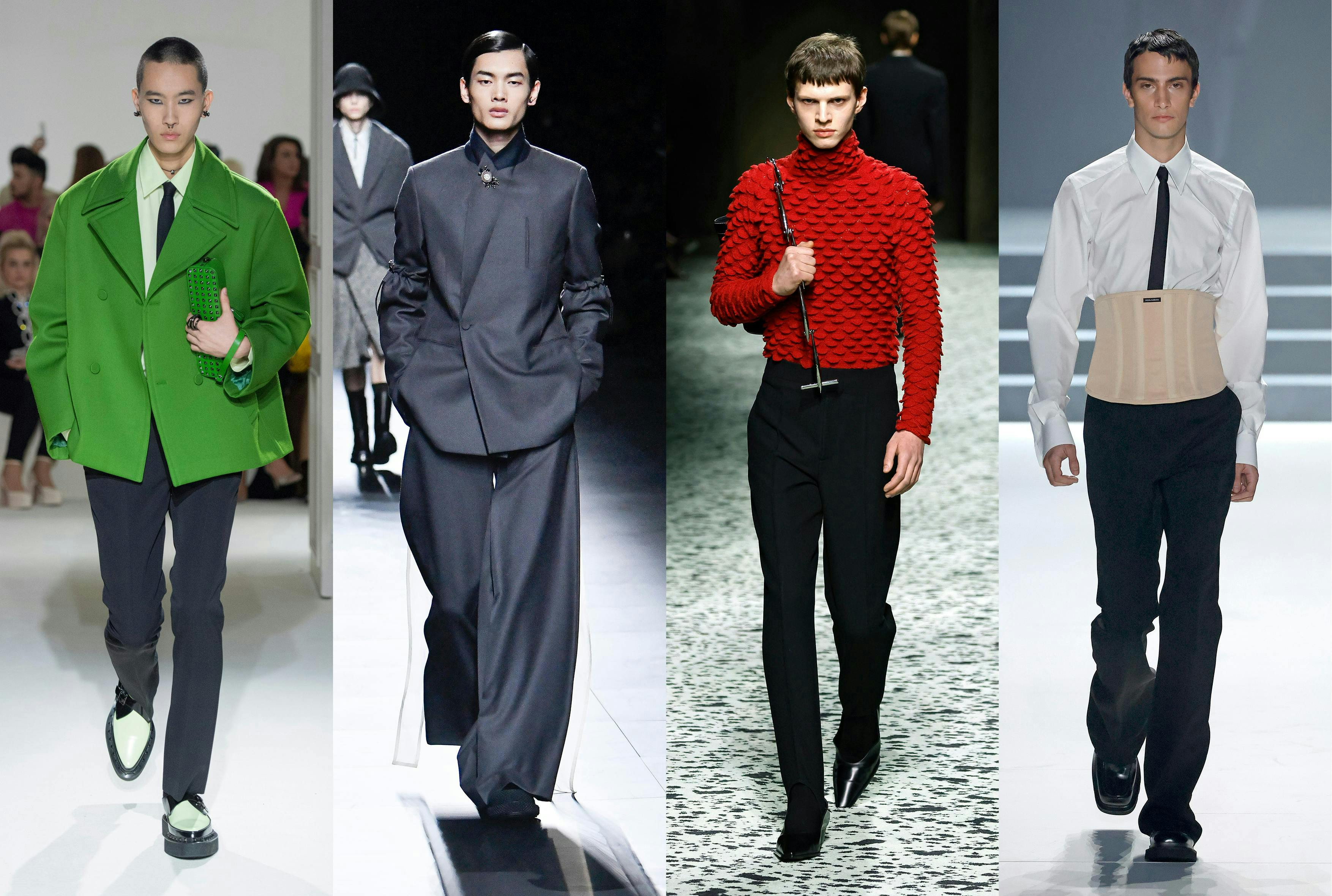 5 tendenze moda uomo per l'autunno inverno 2023-24 (in ordine: GUCCI, DIOR, BOTTEGA VENETA, DOLCE & GABBANA)