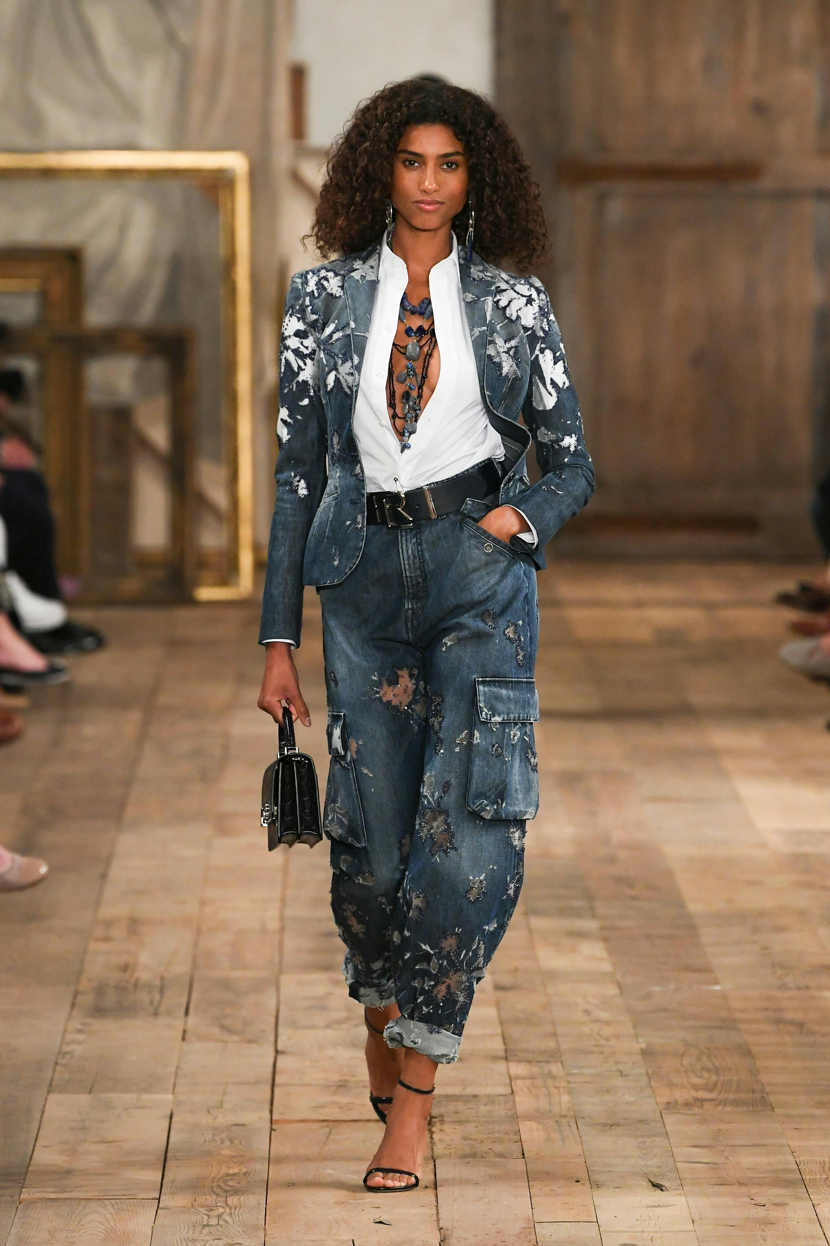 ralph lauren spring 2024 nyfw rtw nyc topics brooklyn clothing pants jeans formal wear suit coat person jewelry necklace handbag