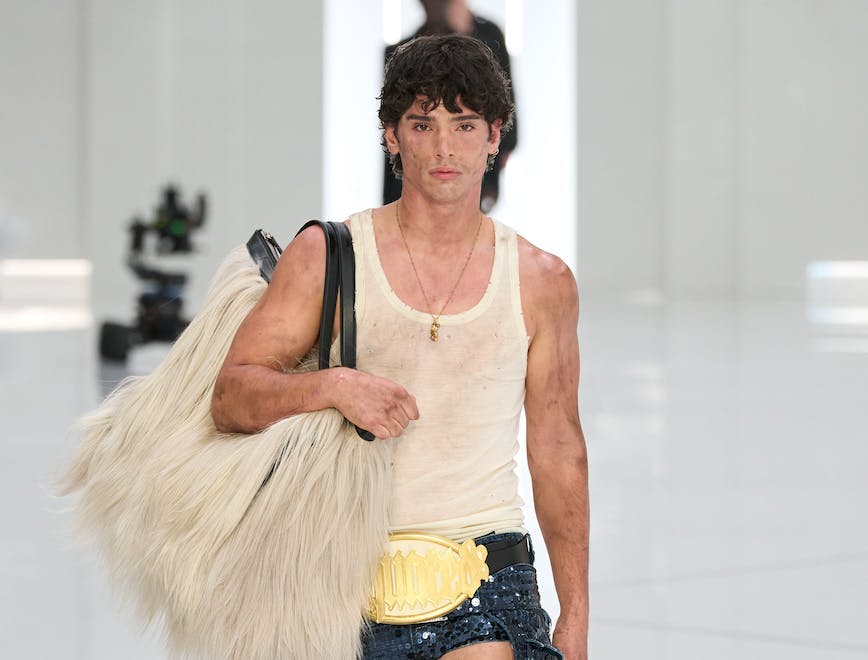 fashion pants shorts handbag necklace undershirt person belt adult man