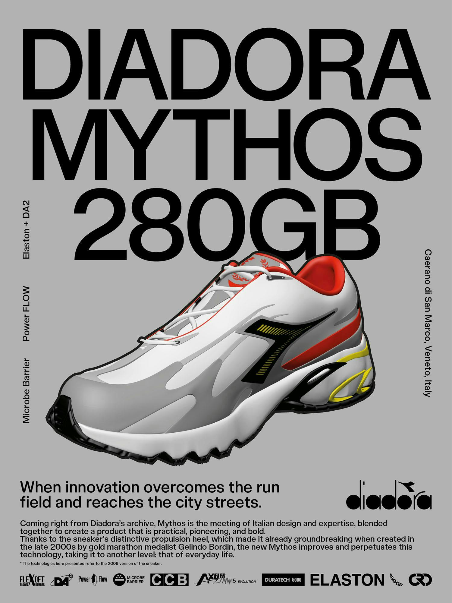 Il poster di presentazione delle nuove Diadora Mythos 280GB (Courtesy Diadora)