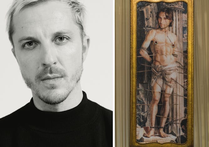 A sinistra: Ritratto di Glenn Martens, foto di Arnaud Lajeunie. A destra: Francesco Vezzoli,  Selfie Sebastian (Self-Portrait as St. Sebastian by Andrea Mantegna), 2009-2014.