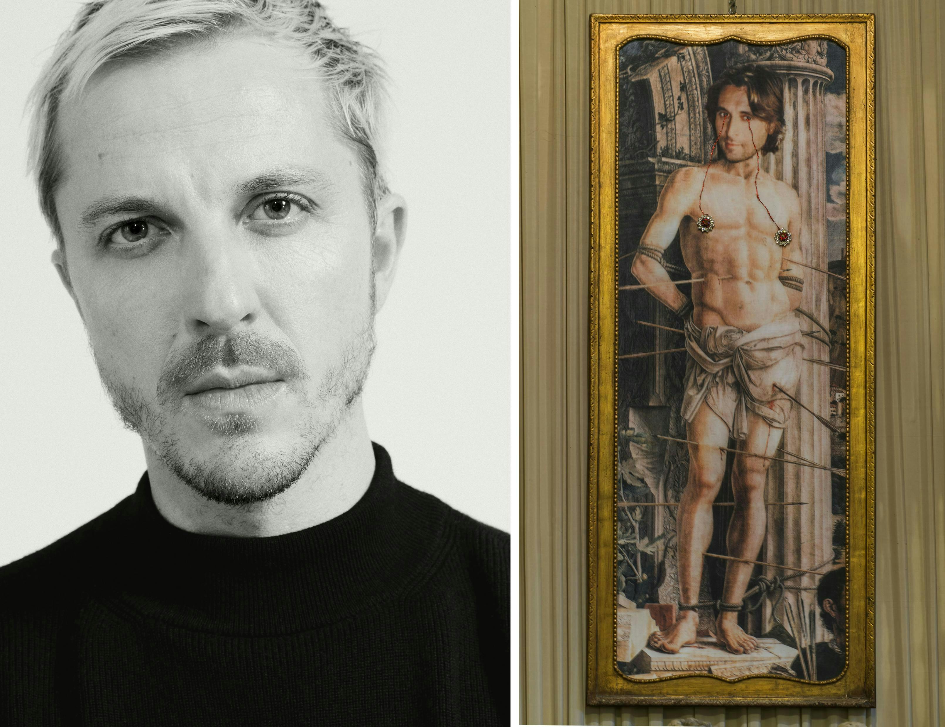 A sinistra: Ritratto di Glenn Martens, foto di Arnaud Lajeunie. A destra: Francesco Vezzoli,  Selfie Sebastian (Self-Portrait as St. Sebastian by Andrea Mantegna), 2009-2014.